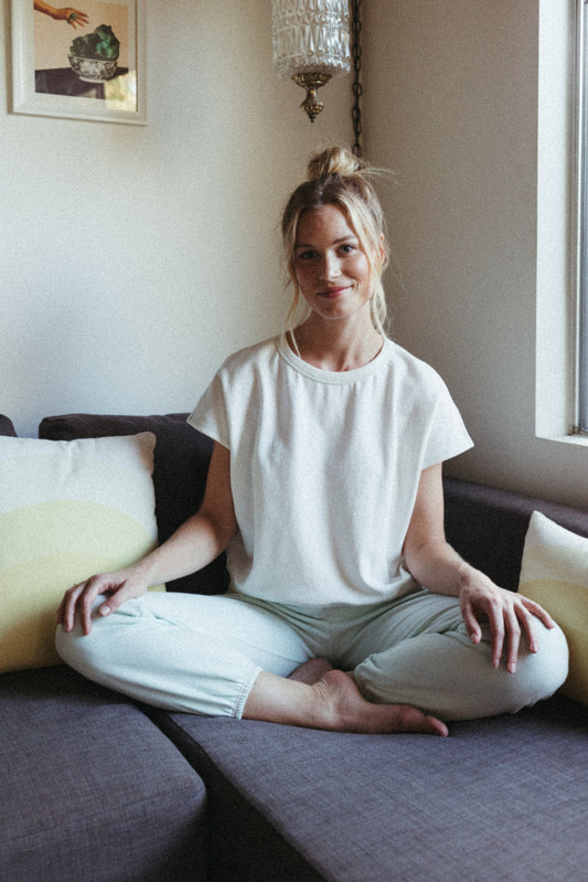 Organic Cotton Terry Bateau Top - Natural with Marine Green Stitching - - J. Marin