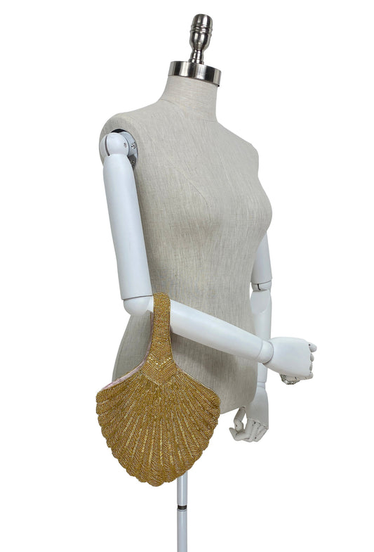 1920's Hand Beaded Deco Fan Wristlet Evening Tote - Large - Glamour Gold - - The Deco Haus