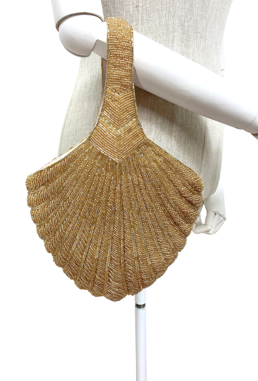 1920's Hand Beaded Deco Fan Wristlet Evening Tote - Large - Glamour Gold - - The Deco Haus