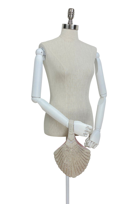 1920's Hand Beaded Deco Fan Wristlet Evening Tote - Large - Glamour Silver - - The Deco Haus