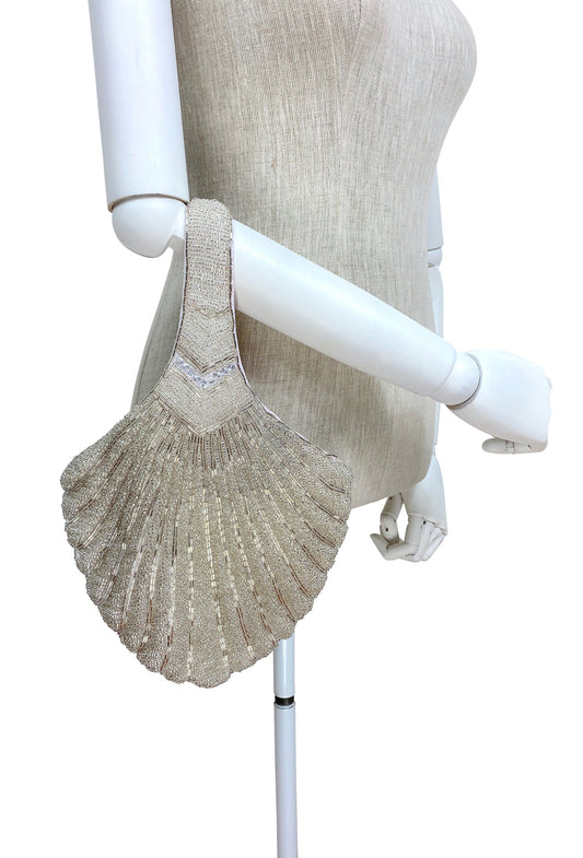 1920's Hand Beaded Deco Fan Wristlet Evening Tote - Large - Glamour Silver - - The Deco Haus