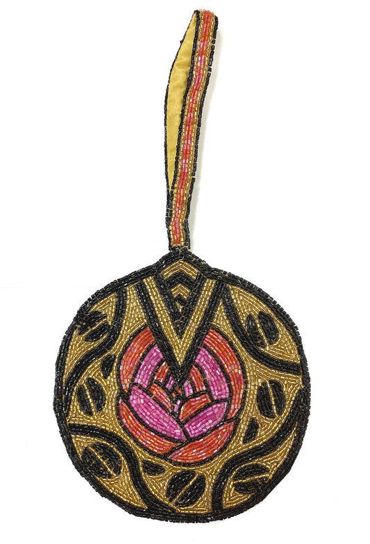 1920's Hand Beaded Wristlet Evening Purse - Deco Rose - Gold - - The Deco Haus