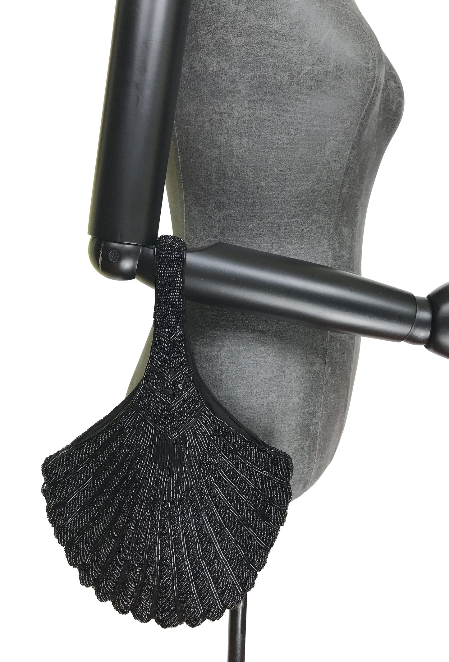 1920's Hand Beaded Deco Fan Wristlet Evening Tote - Large - Black Jet - - The Deco Haus