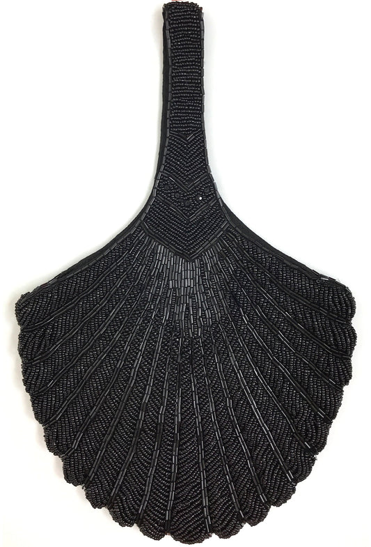 1920's Hand Beaded Deco Fan Wristlet Evening Tote - Large - Black Jet - - The Deco Haus