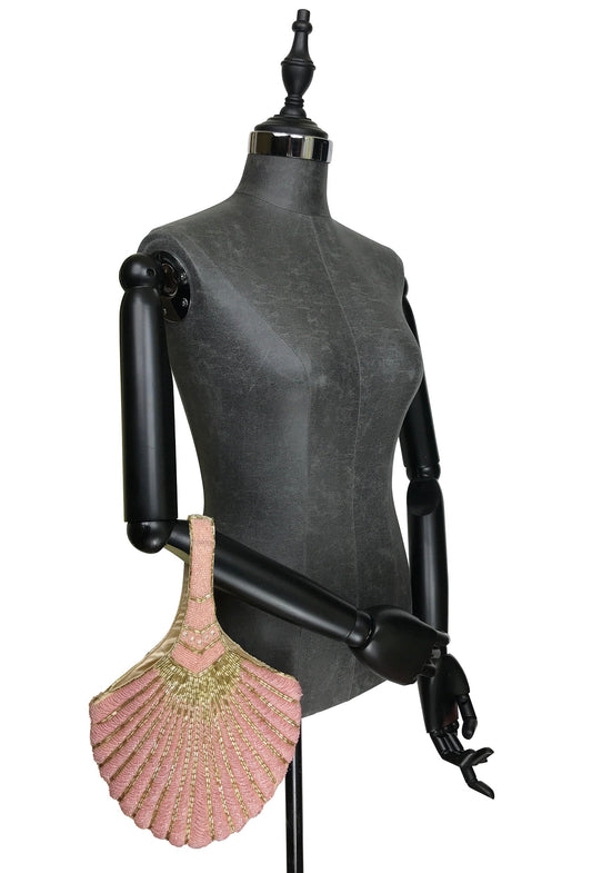 1920's Hand Beaded Deco Fan Wristlet Evening Tote - Large - Pink & Gold - - The Deco Haus