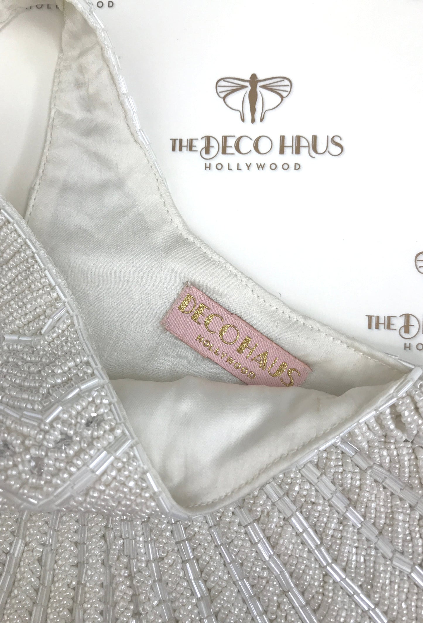 1920's Hand Beaded Deco Fan Wristlet Evening Tote - Large - White - - The Deco Haus