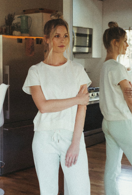 Organic Cotton Terry Bateau Top - Natural with Marine Green Stitching - - J. Marin