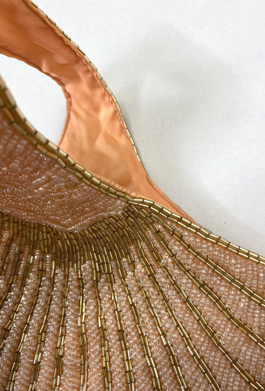 1920's Hand Beaded Deco Fan Wristlet Evening Tote - Large - Pink & Gold - - The Deco Haus