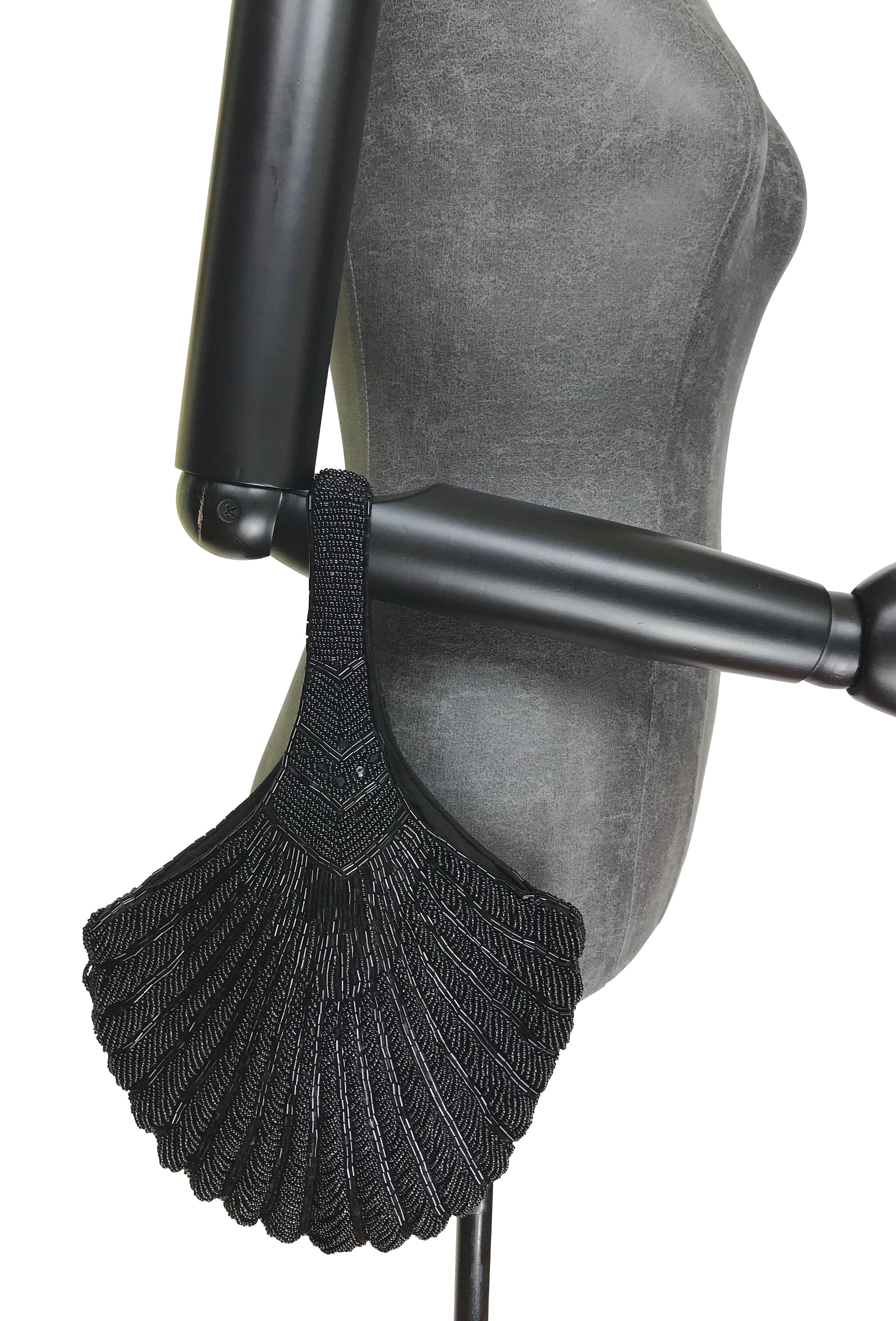 1920's Hand Beaded Deco Fan Wristlet Evening Tote - Large - Black Jet - - The Deco Haus