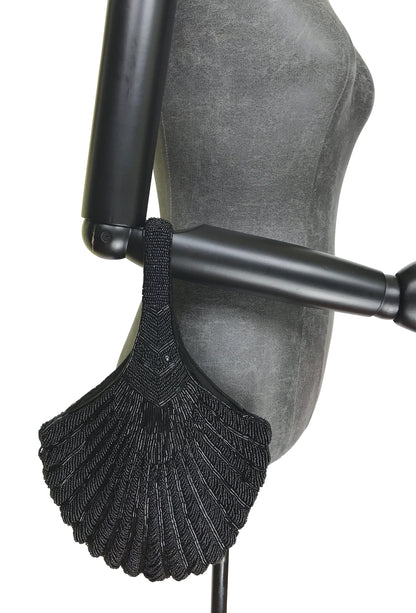 1920's Hand Beaded Deco Fan Wristlet Evening Tote - Large - Black Jet - - The Deco Haus
