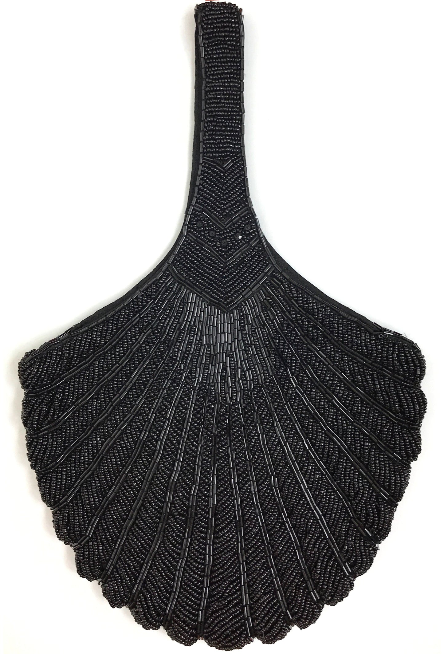 1920's Hand Beaded Deco Fan Wristlet Evening Tote - Large - Black Jet - - The Deco Haus