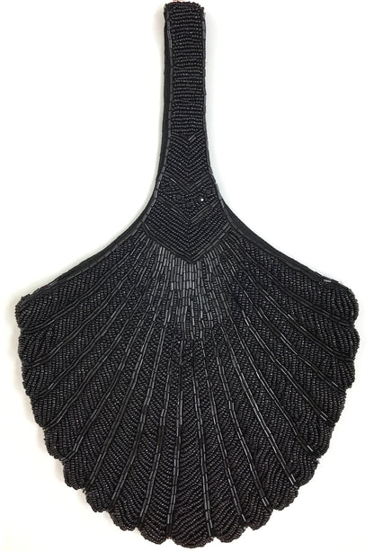1920's Hand Beaded Deco Fan Wristlet Evening Tote - Large - Black Jet - - The Deco Haus