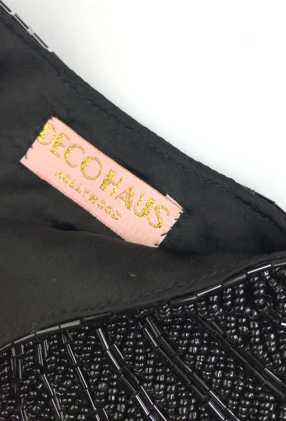 1920's Hand Beaded Deco Fan Wristlet Evening Tote - Large - Black Jet - - The Deco Haus