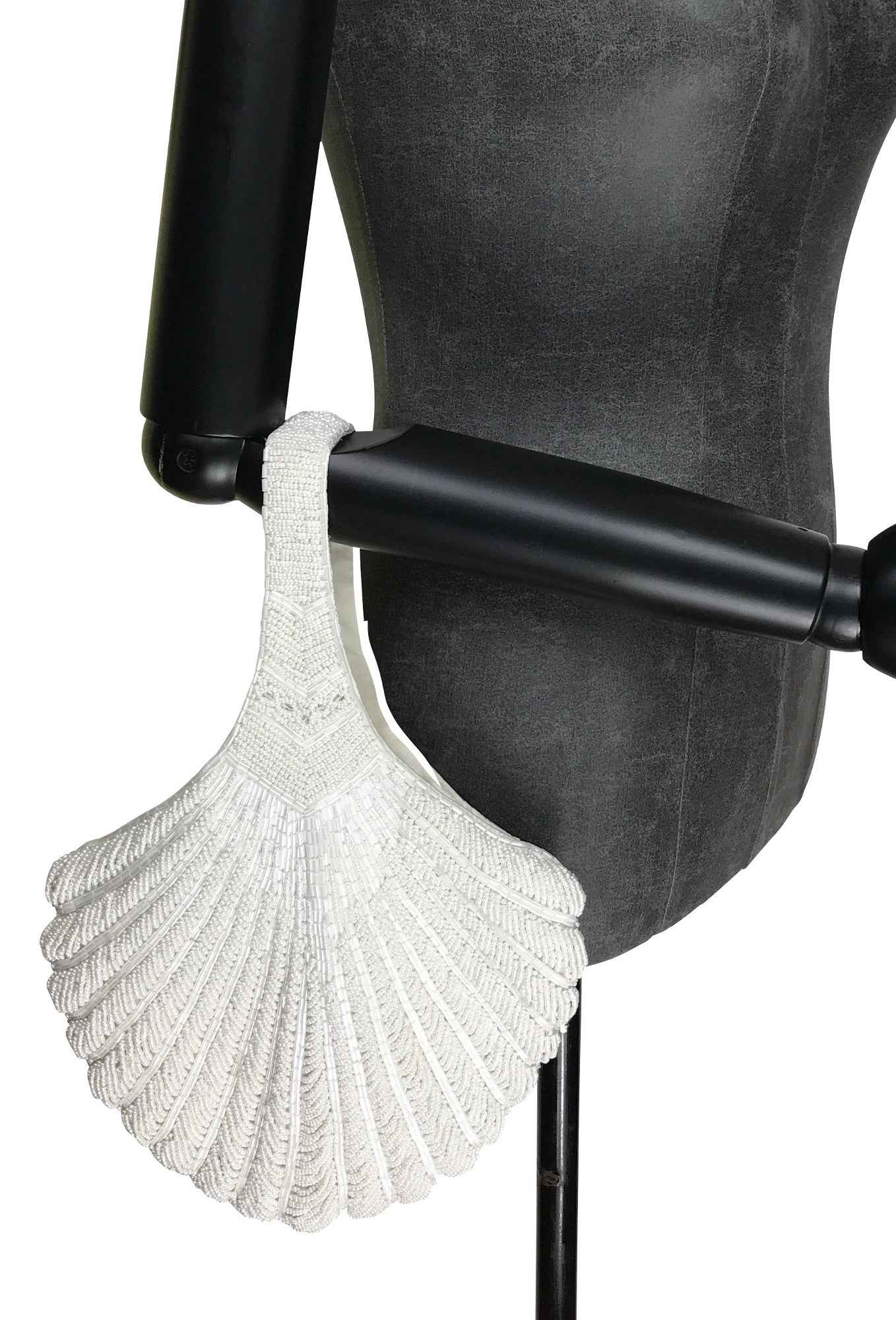 1920's Hand Beaded Deco Fan Wristlet Evening Tote - Large - White - - The Deco Haus