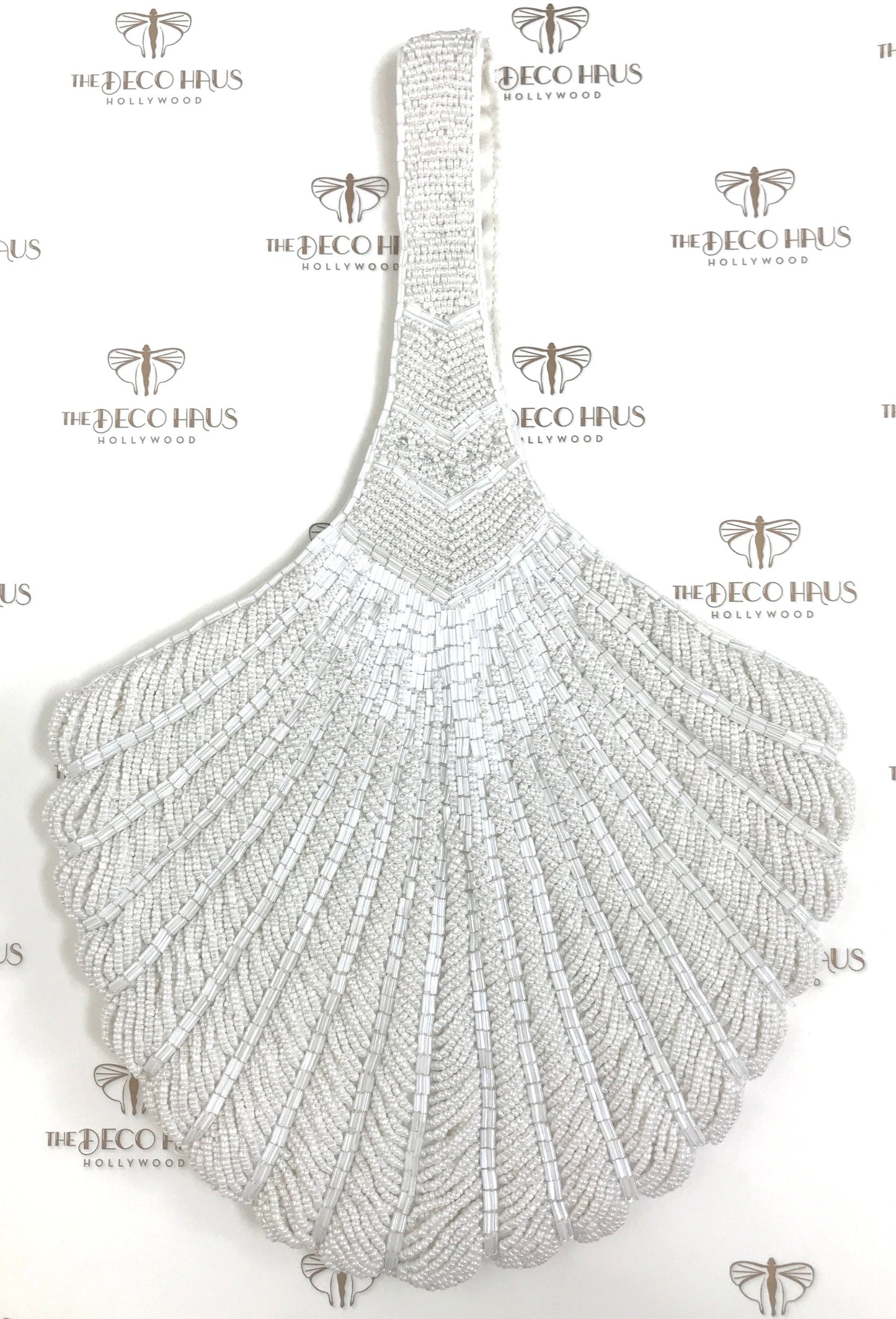 1920's Hand Beaded Deco Fan Wristlet Evening Tote - Large - White - - The Deco Haus