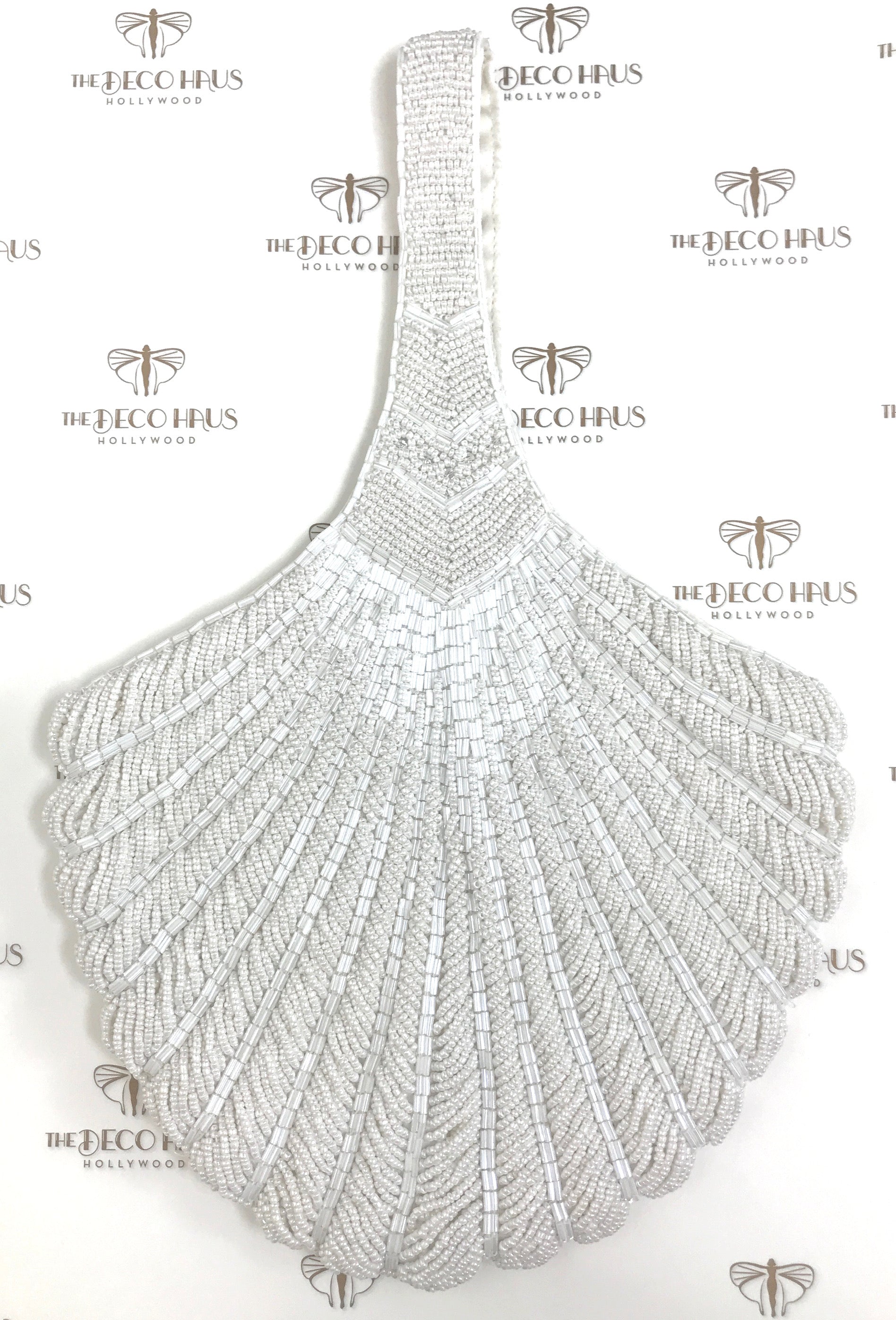1920's Hand Beaded Deco Fan Wristlet Evening Tote - Large - White - - The Deco Haus