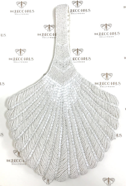 1920's Hand Beaded Deco Fan Wristlet Evening Tote - Large - White - - The Deco Haus