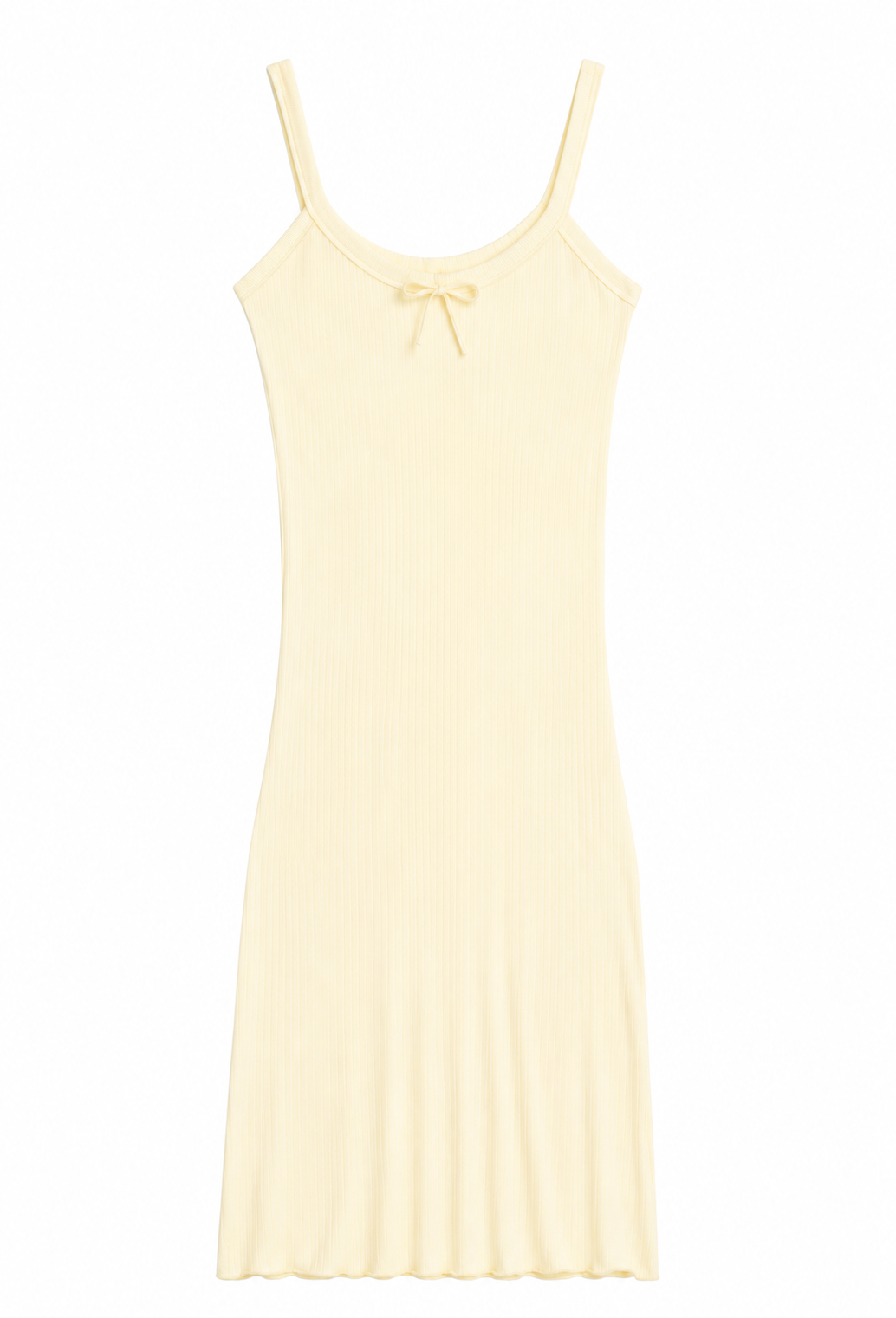 J.Marin's Betsy tank dress in sunshine yellow. A soft pointelle dress with slim straps, scoop neckline, center tie, and vintage-inspired fit. Below the knee length. Made in the USA from 100% cotton. 