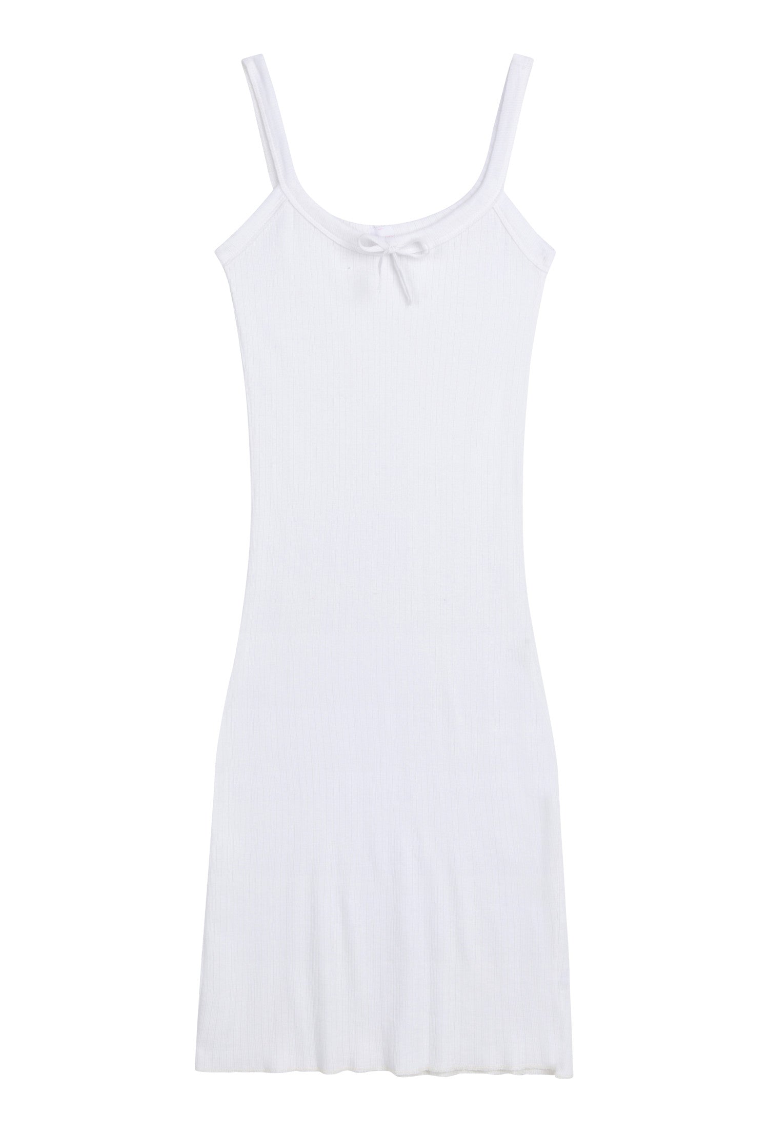 J.Marin's Betsy tank dress in white. A soft pointelle dress with slim straps, scoop neckline, center tie, and vintage-inspired fit. Below the knee length. Made in the USA from 100% cotton.