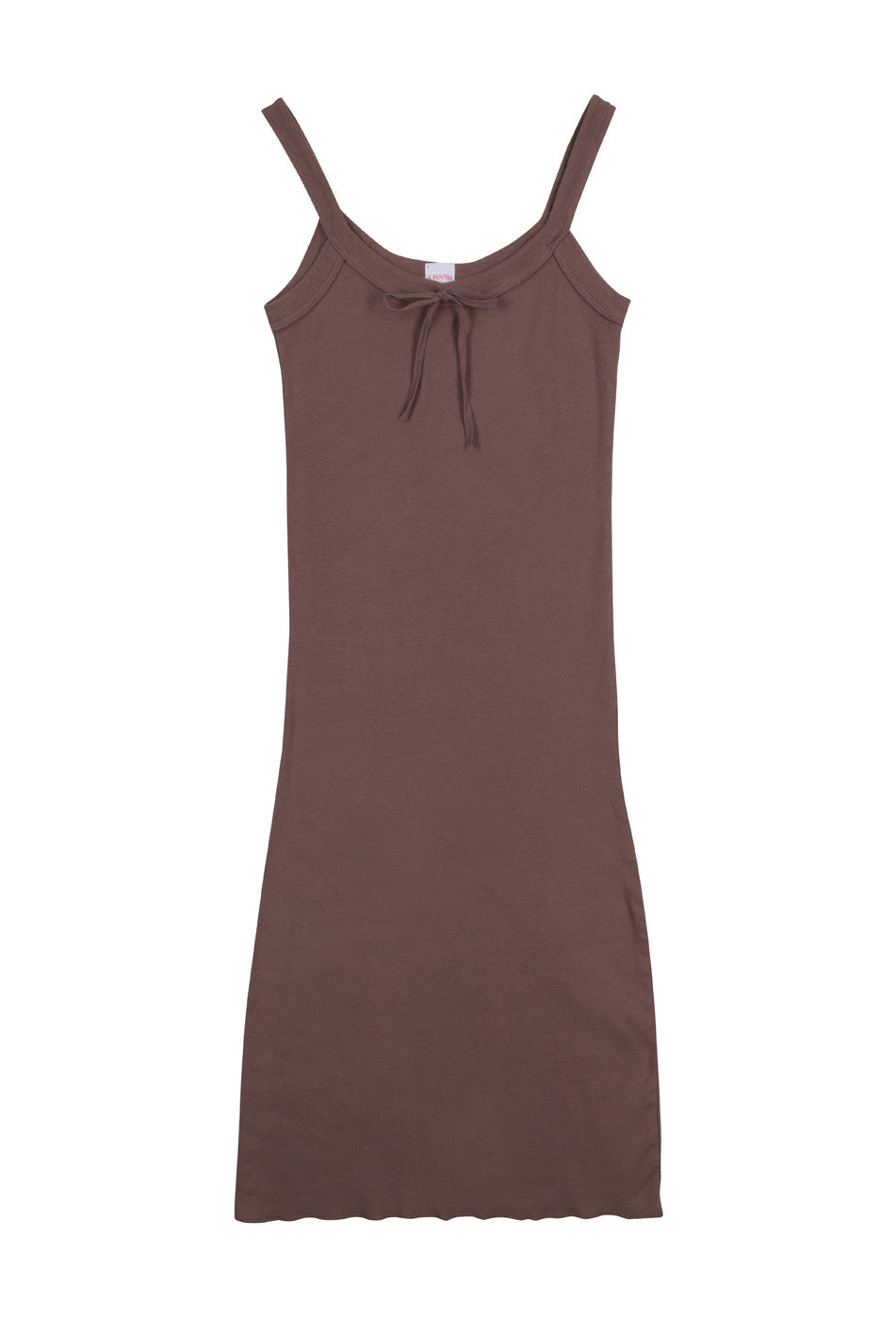 J.Marin's Betsy tank dress in cocoa brown. A soft baby rib dress with slim straps, scoop neckline, center tie, and vintage-inspired fit. Below the knee length. Made in the USA from 100%. 