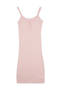 J.Marin's Betsy tank dress in pale pink. A soft baby rib dress with slim straps, scoop neckline, center tie, and vintage-inspired fit. Below the knee length. Made in the USA from 100%. 
