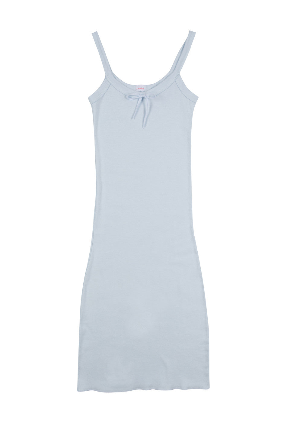J.Marin's Betsy tank dress in pale blue. A soft baby rib dress with slim straps, scoop neckline, center tie, and vintage-inspired fit. Below the knee length. Made in the USA from 100%. 