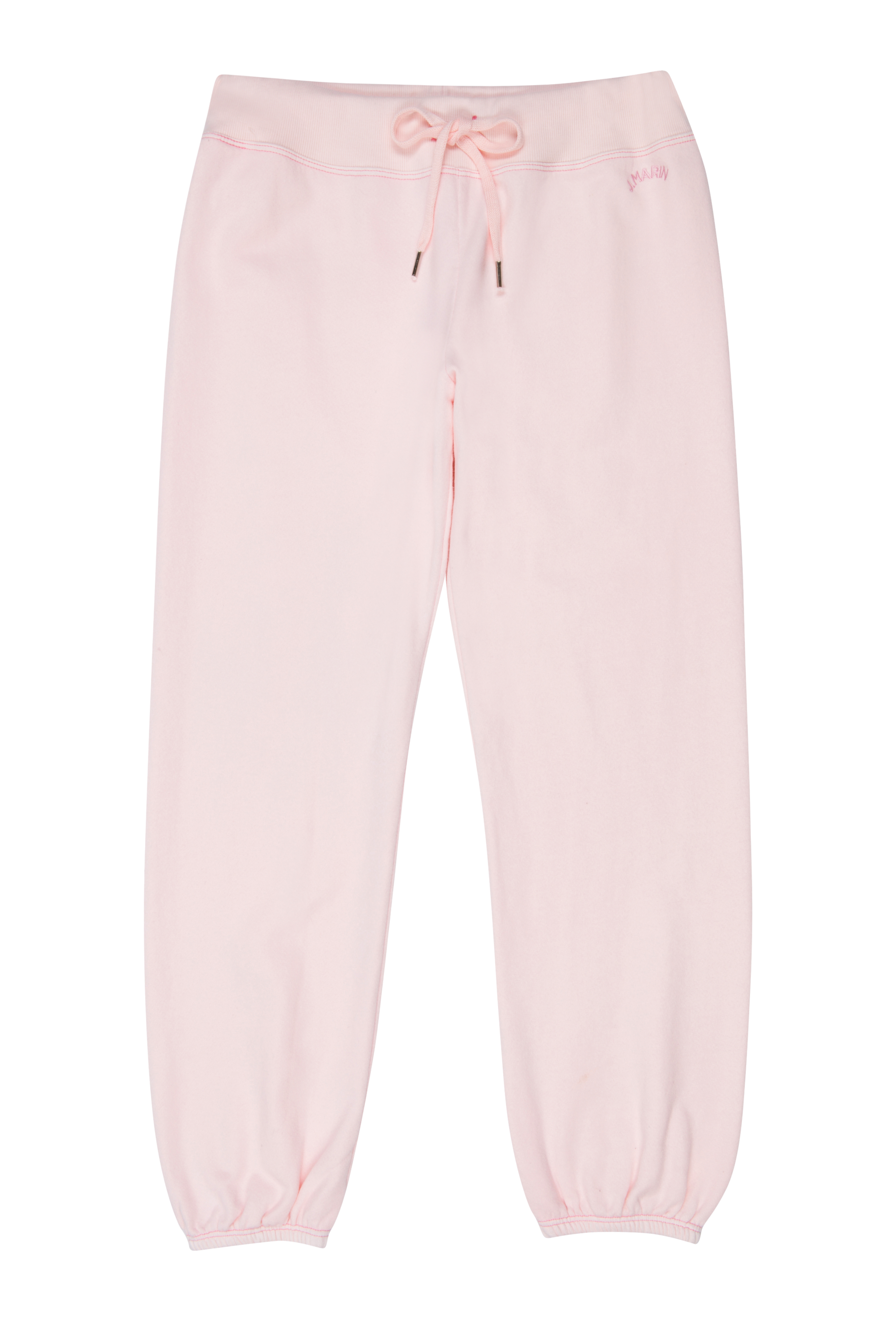 J.Marin's soft terry knit sweatpant with elastic drawstring waist, cuffed ankles, and vintage sportswear fit. Made in the USA from 100% cotton. Pink with pink contrast stitching.