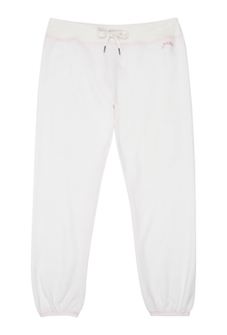 Women's organic cotton terry sweatpants in natural PFD with vintage pink contrast stitching, cropped 70s-inspired fit.