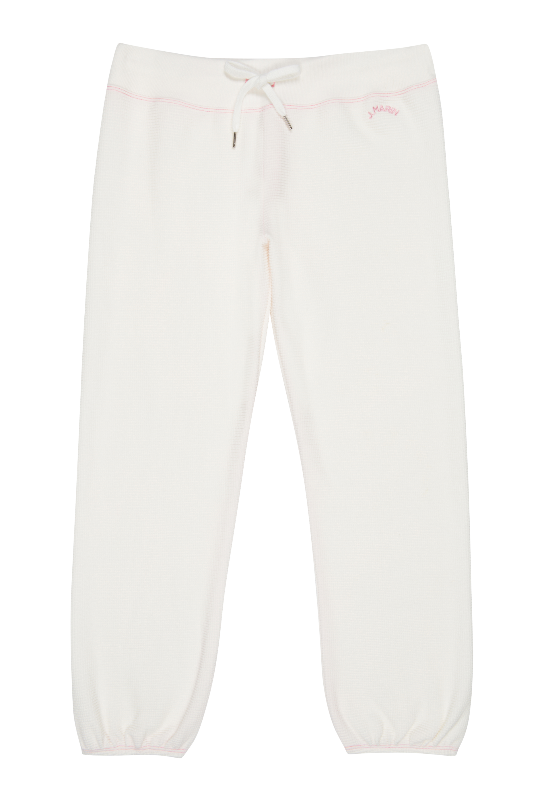 J.Marin's soft thermal knit sweatpant with elastic drawstring waist, cuffed ankles, and vintage sportswear fit. Made in the USA from 100% cotton. Natural PFD white with pink contrast stitching.