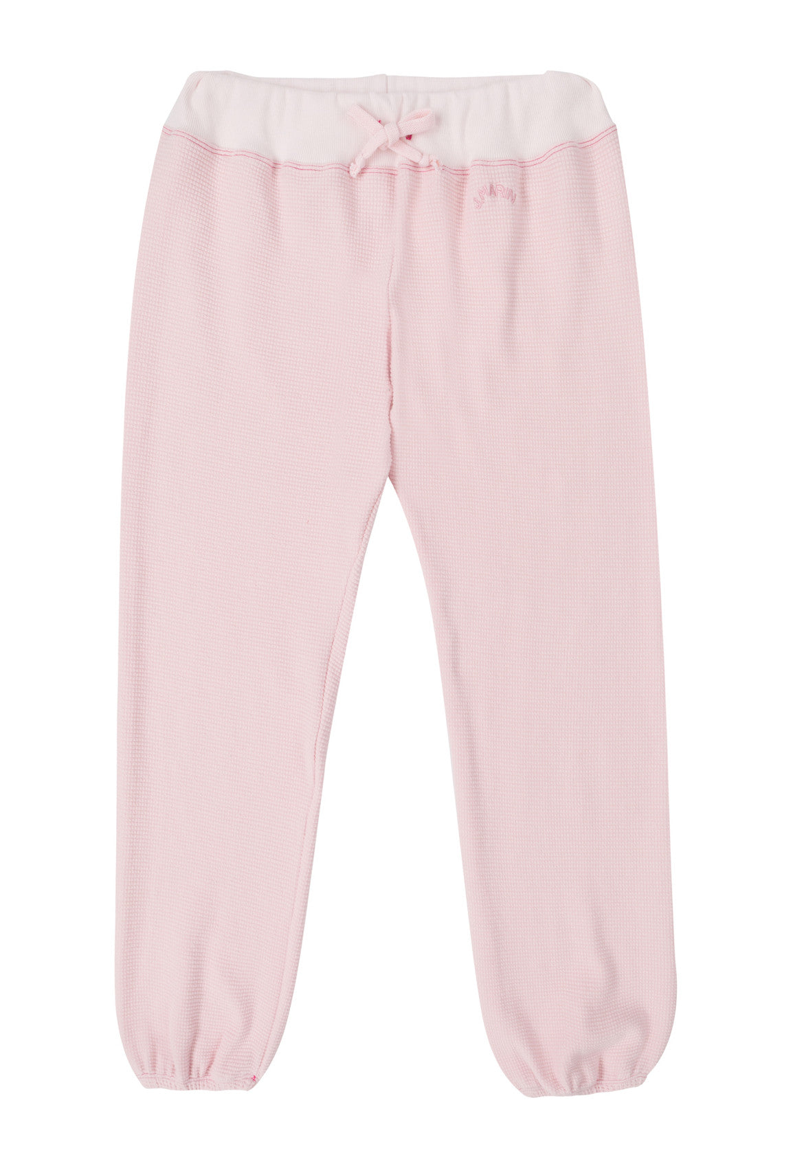 J.Marin's soft thermal knit sweatpant with elastic drawstring waist, cuffed ankles, and vintage sportswear fit. Made in the USA from 100% cotton. Two-tone pink with pink contrast stitching.
