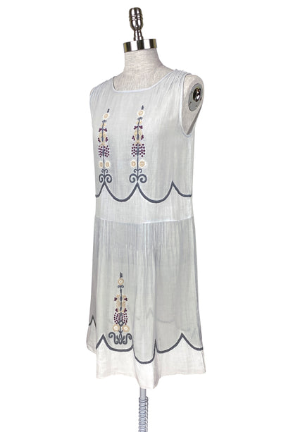 1920's Vintage Embroidered Gauze Charmante Dress - Blue - J. Marin