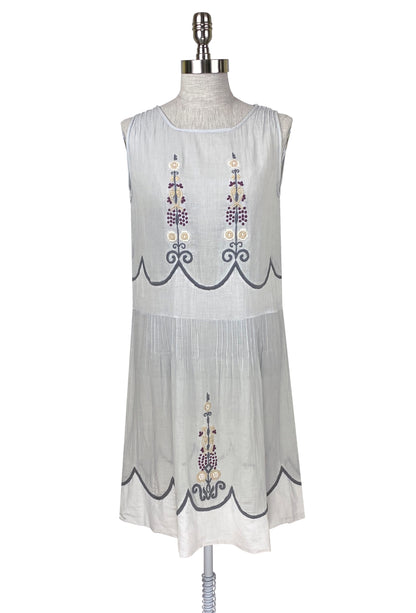 1920's Vintage Embroidered Gauze Charmante Dress - Blue - J. Marin