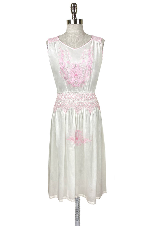 1920's Vintage Embroidered Cotton Voile Bungalow Dress - Rouge Pink - J. Marin