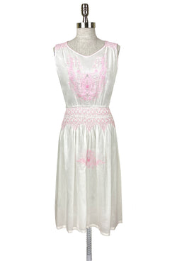 1920's Vintage Embroidered Cotton Voile Bungalow Dress - Rouge Pink - J. Marin