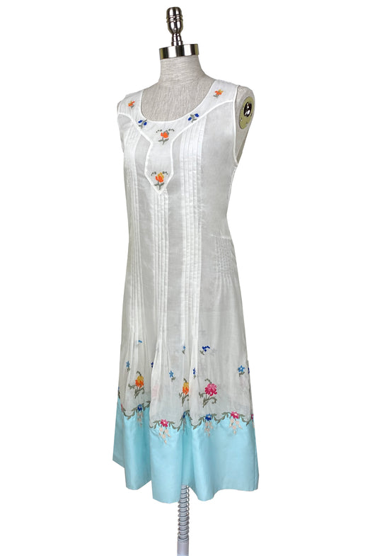 1920's Vintage Embroidered Silk Voile Catalina Dress - White - J. Marin