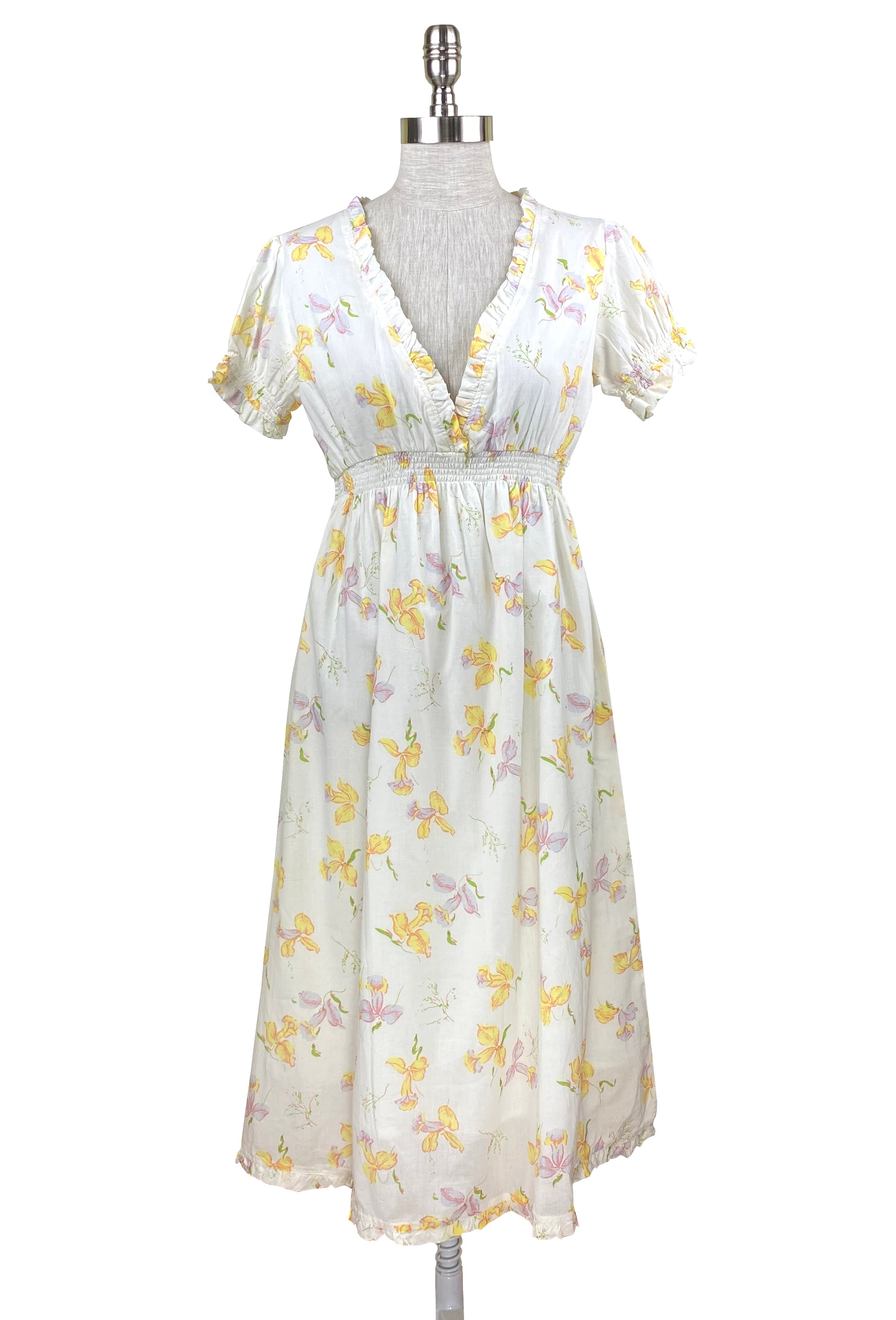 1930's Vintage Smocked Daffodil Print Empire Dress - White - J. Marin