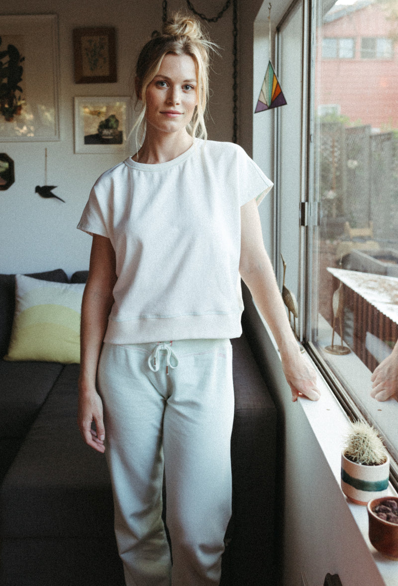 Organic Cotton Terry Bateau Top - Natural with Marine Green Stitching - - J. Marin