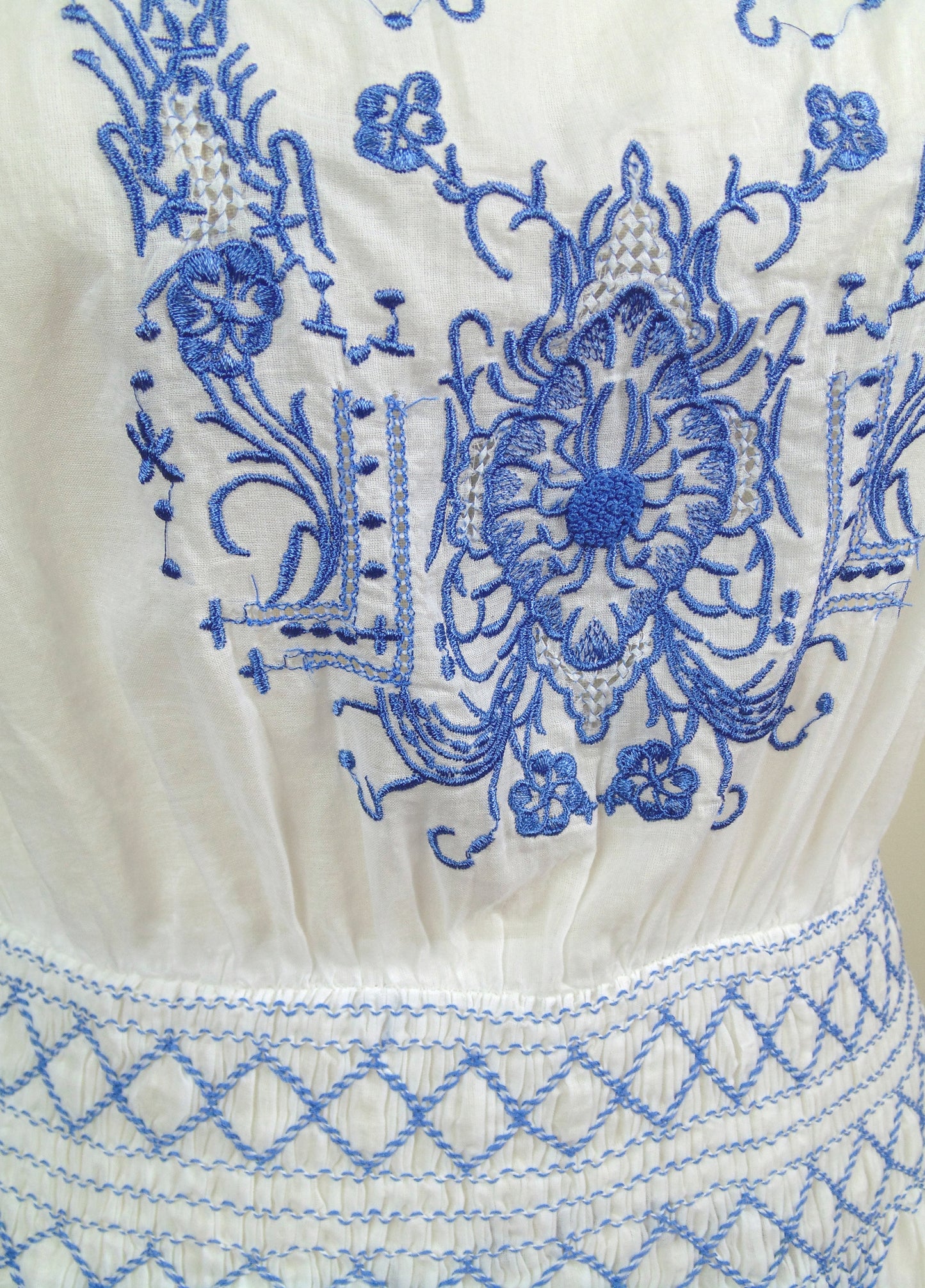1920's Vintage Embroidered Cotton Voile Bungalow Dress - French Blue - J. Marin