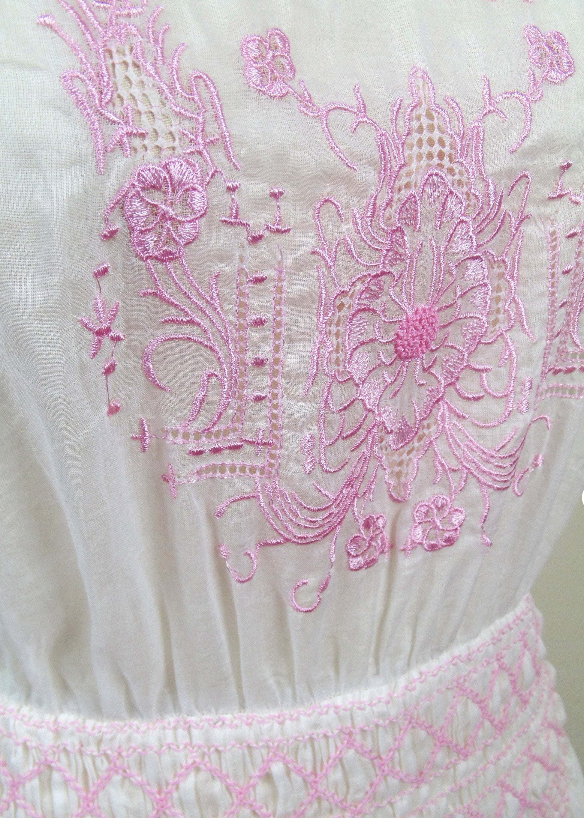 1920's Vintage Embroidered Cotton Voile Bungalow Dress - Rouge Pink - J. Marin