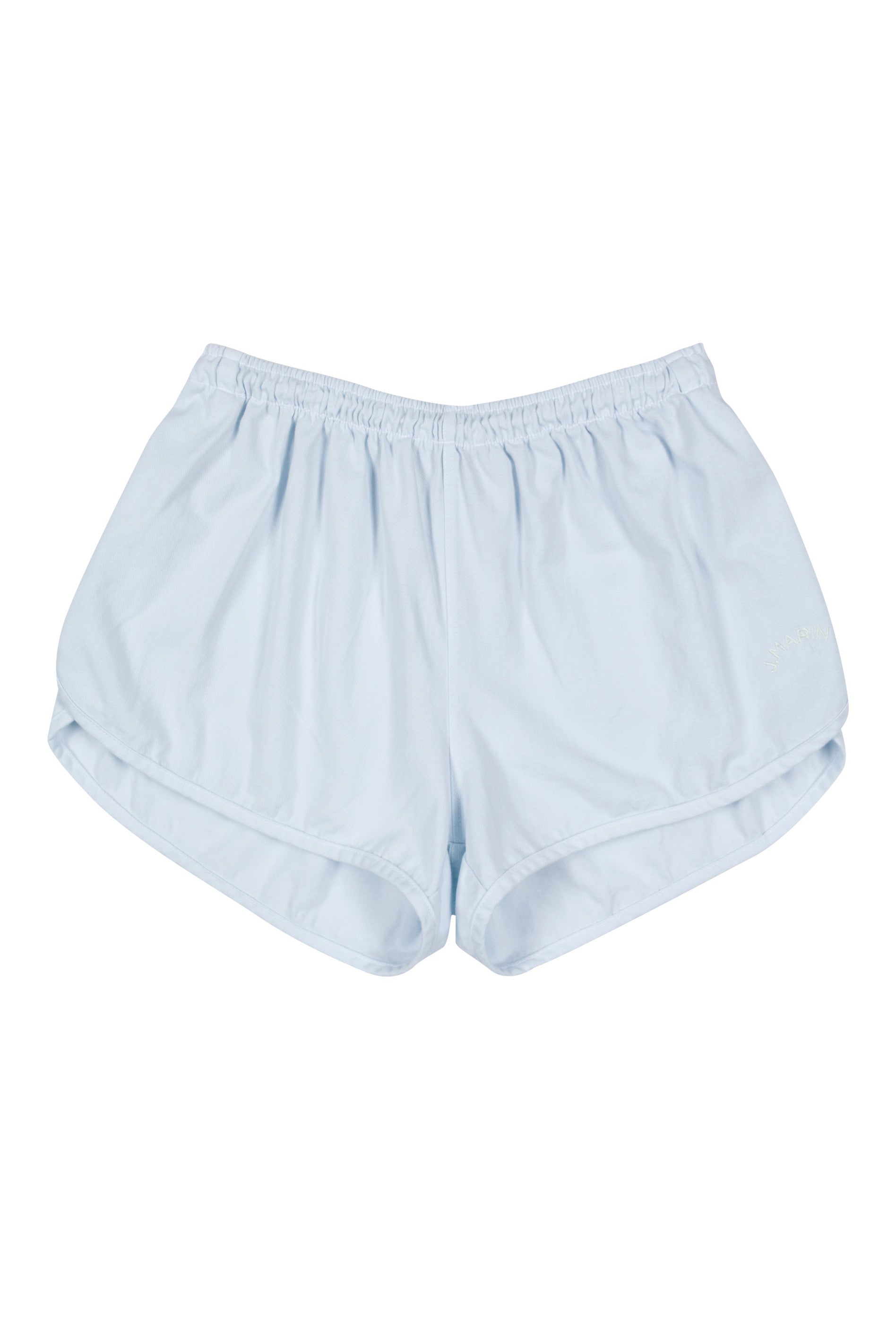 J.Marin's soft poplin Skipper short in blue. A boxer-style short with elastic waistband, curved dolphin hem, and airy vintage summer fit. Made in the USA from 100% cotton. 