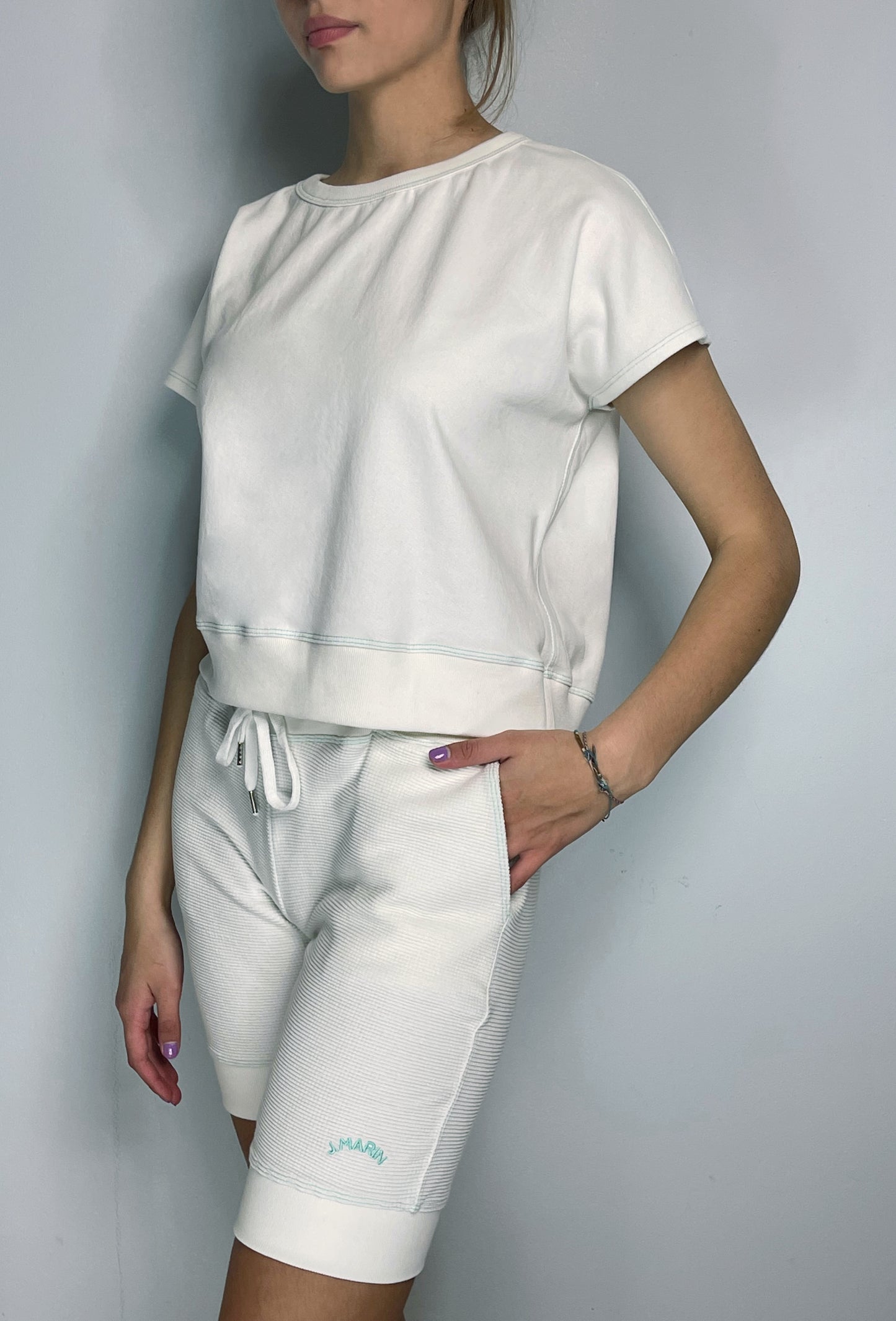 Vintage-Style Thermal Knicker Beach Shorts - Organic Cotton - Natural/Marine Green Stitch - J. Marin
