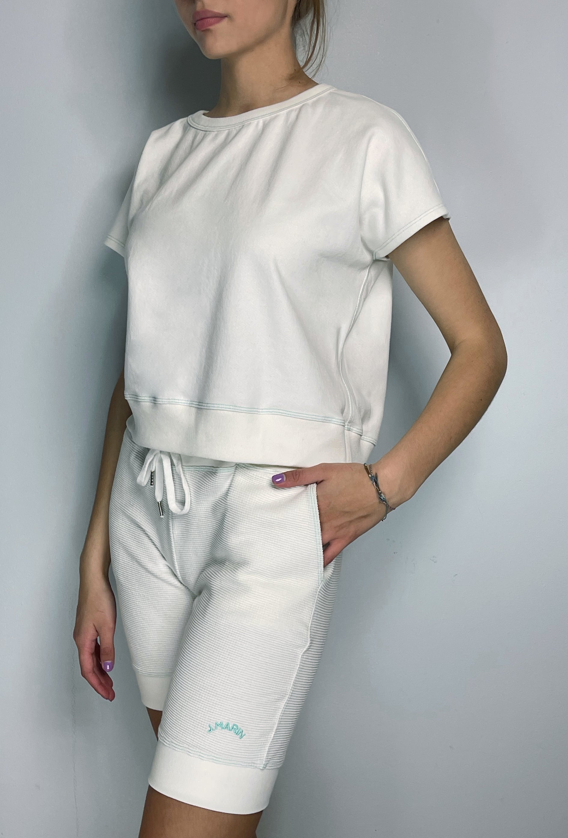 Vintage-Style Thermal Knicker Beach Shorts - Organic Cotton - Natural/Marine Green Stitch - J. Marin